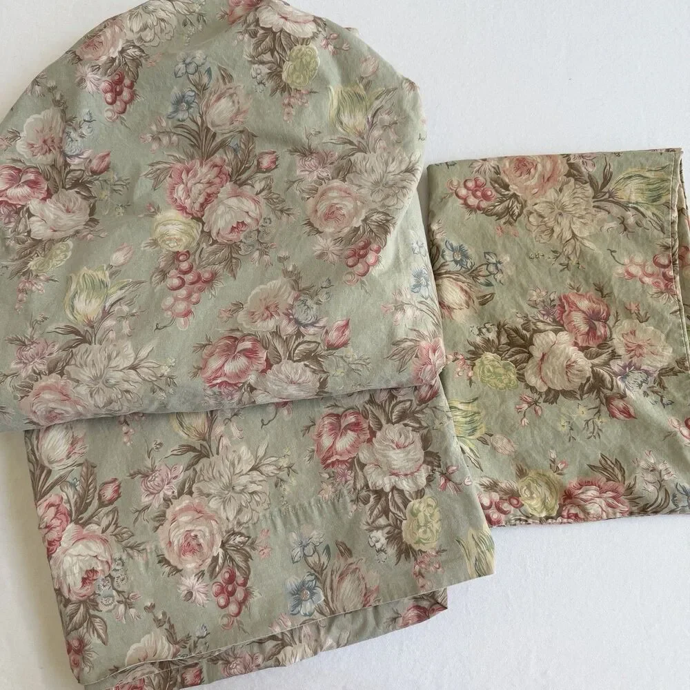 Vintage Ralph Lauren Queen Fitted Flat Sheet Pillow Case Charlotte Floral Green